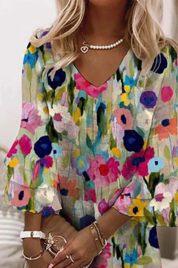 Tabitha - Romantic Floral Print V-Neck Mini Dress