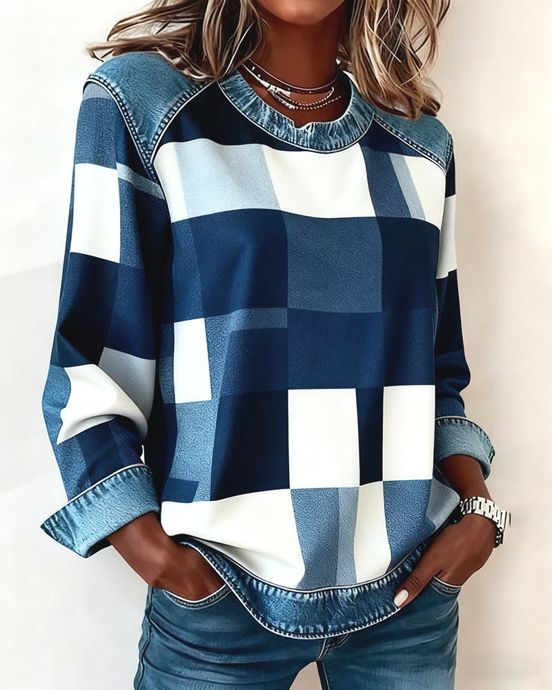 Blair® | Sweatshirt with Check Patchwork and Contrast Color
