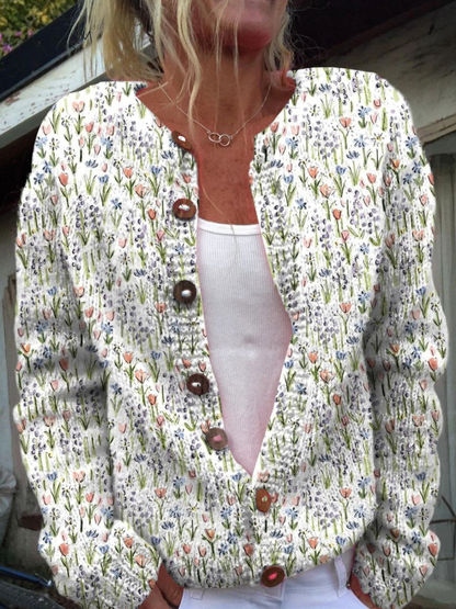 Spring Meadows Floral Repeat Pattern Printed Buttoned Cardigan Sweater