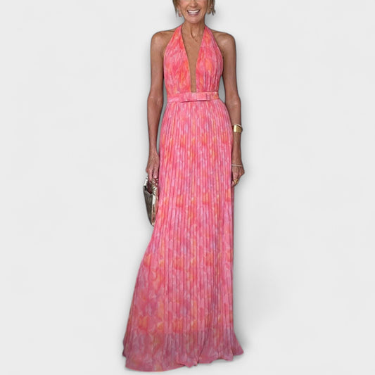 Seraphina - Chic Halter Neck V-Neck Pleated Maxi Dress