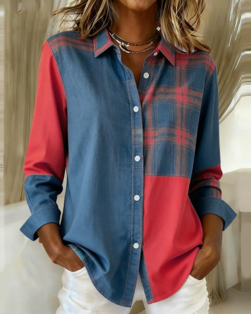 Blair® | Shirt with Notched Collar and Checked Contrast Design