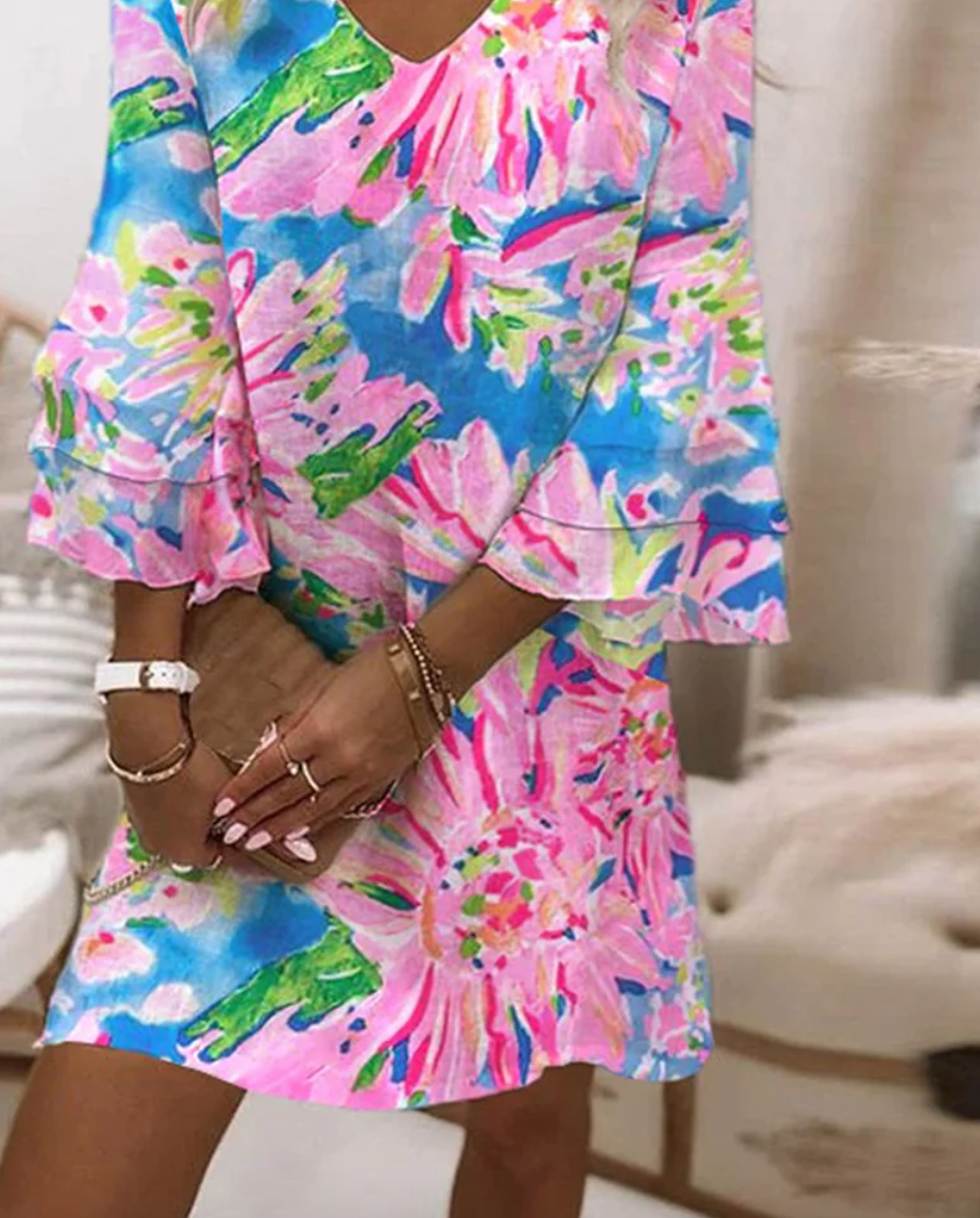 Sylvie - Women's Pink Mini Dress with Bell Sleeves