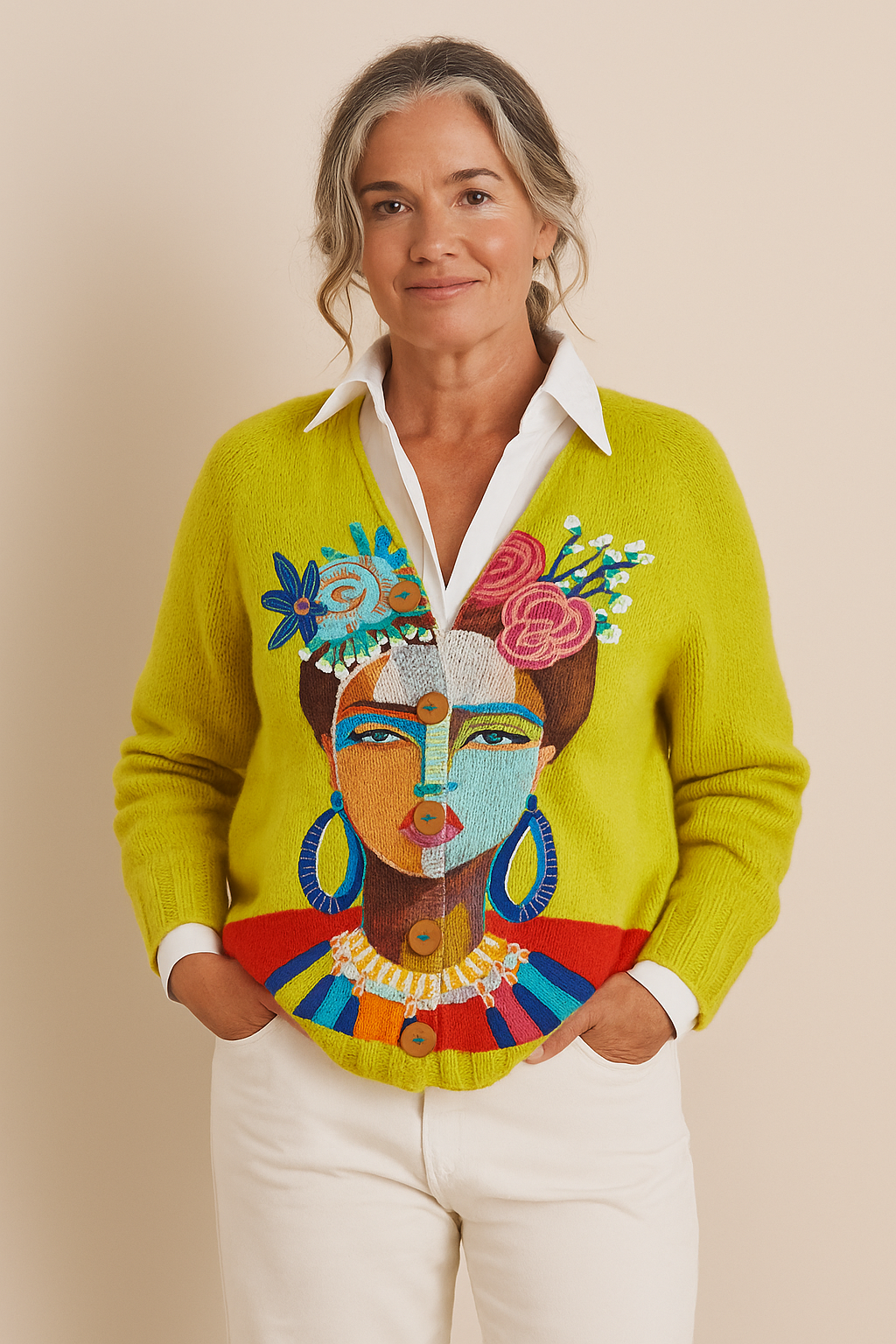 Ola™ - Oil Painting Freda Portrait Art Printed Buttoned Cardigan