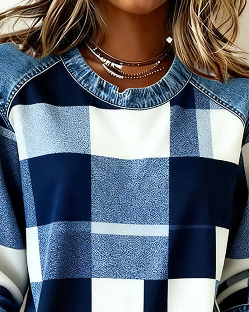 Blair® | Sweatshirt with Check Patchwork and Contrast Color