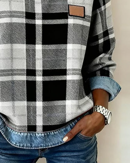 Women's Casual Round Neck Denim Patchwork Pullover Sweatshirt