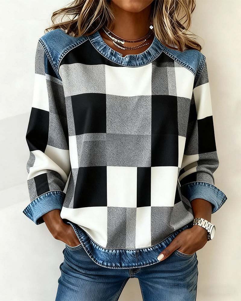 Blair® | Sweatshirt with Check Patchwork and Contrast Color