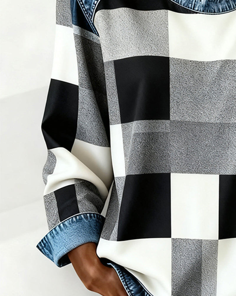 Blair® | Sweatshirt with Check Patchwork and Contrast Color