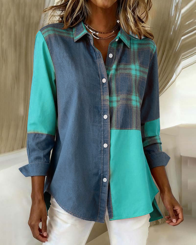 Blair® | Shirt with Notched Collar and Checked Contrast Design