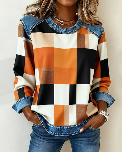 Blair® | Sweatshirt with Check Patchwork and Contrast Color