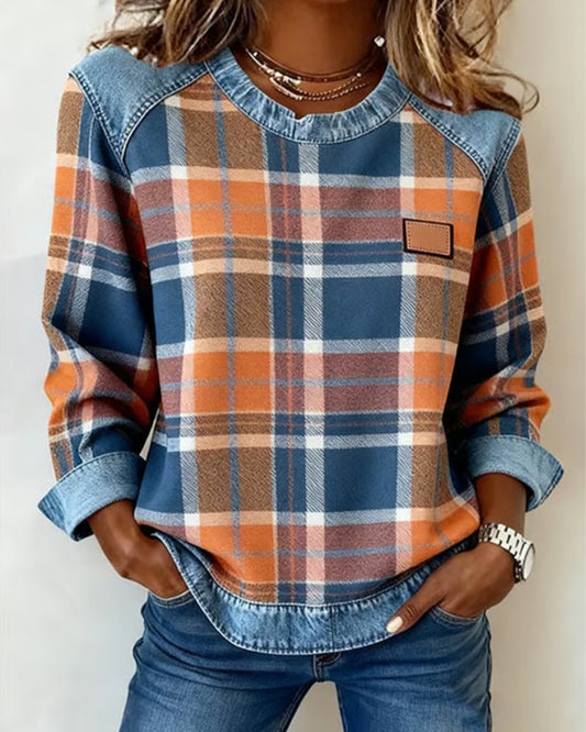 Women's Casual Round Neck Denim Patchwork Pullover Sweatshirt