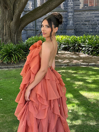 Nephele - Long Halter Ruffle Cocktail Dress