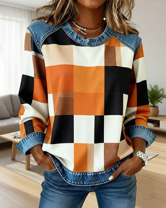 Blair® | Sweatshirt with Check Patchwork and Contrast Color
