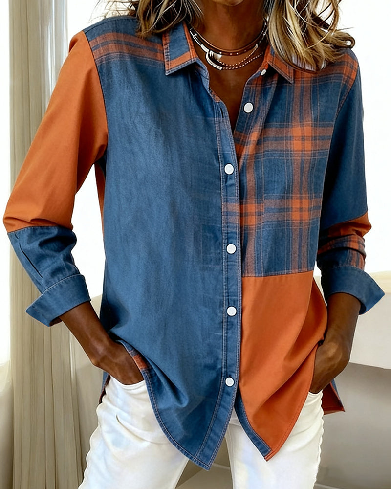 Blair® | Shirt with Notched Collar and Checked Contrast Design